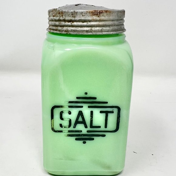 McKee Jadite Uranium Large Letters Glass Salt Shaker - Damaged Lid Front Graphic - Picture 2 of 9